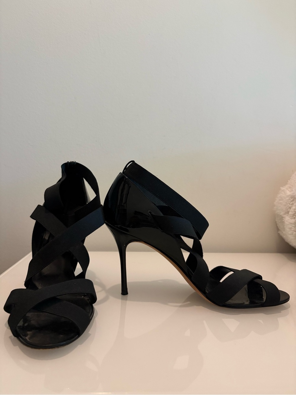 Manolo Blahnik Black Strappy Patent and Satin Stiletto Sandals